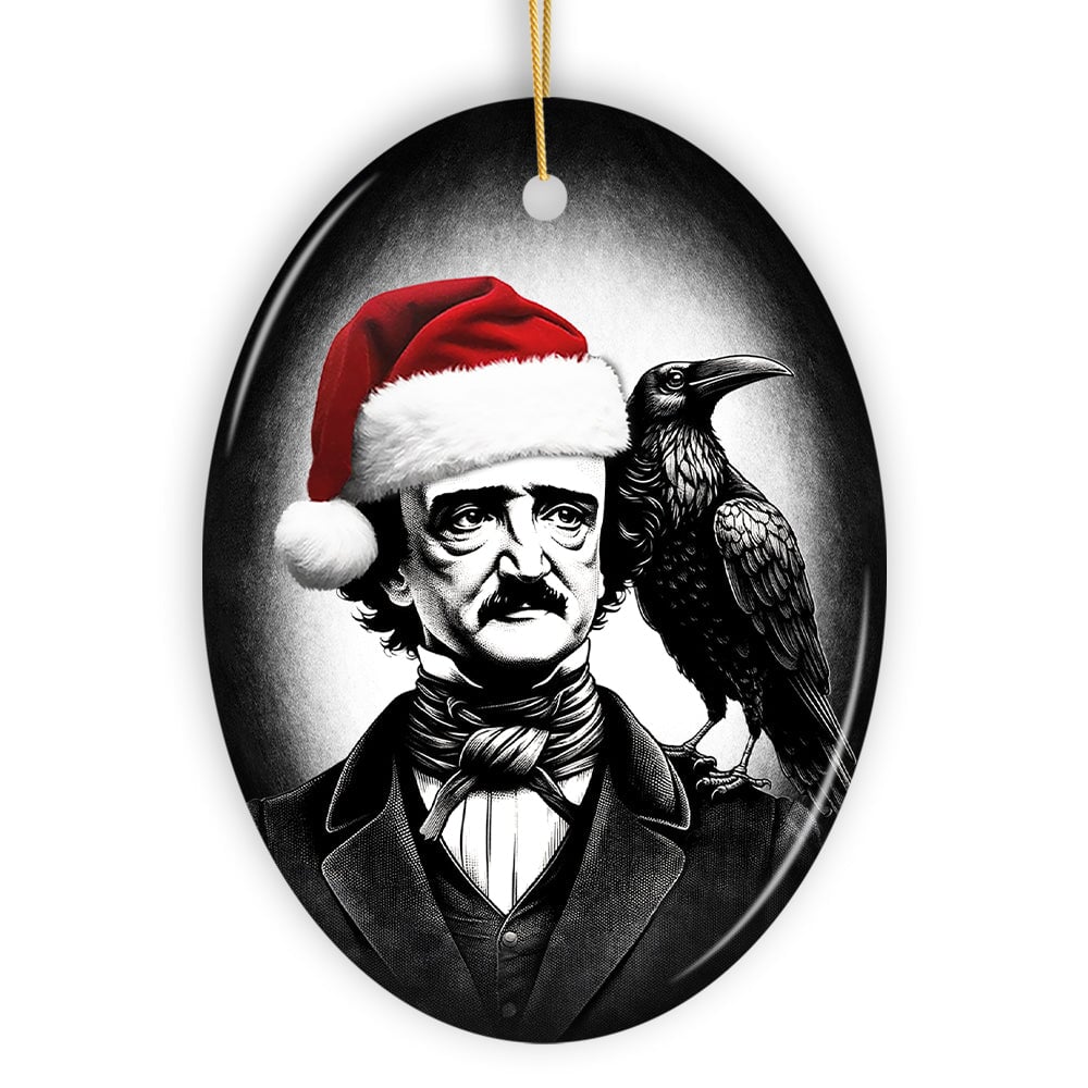 Gothic Edgar Allan Poe with Santa Hat And Raven Ornament, Spooky Halloween Tree Christmas Decor