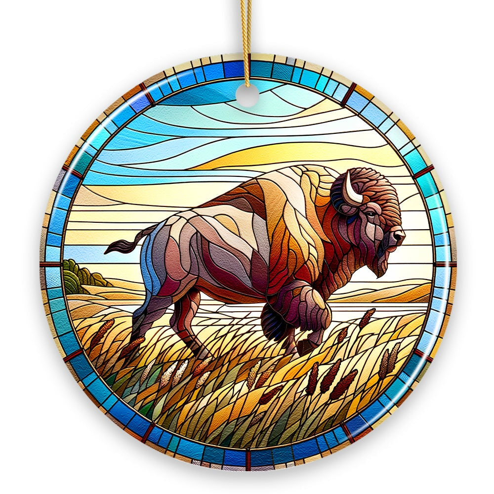 Great Plains Bison Stained Glass Themed Ceramic Ornament, Nature of the American Wild West