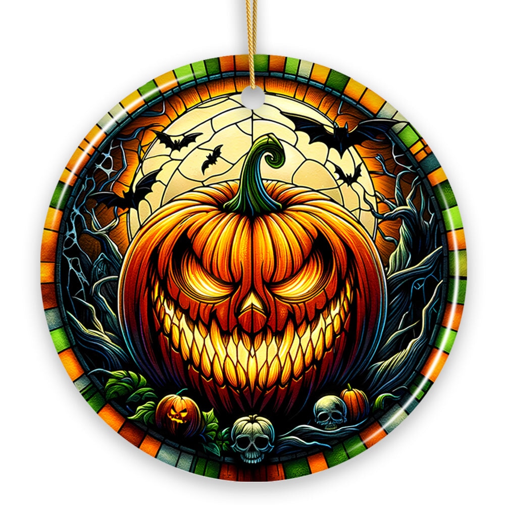 Grim Grinning Gourd Pumpkin Decor Stained Glass Style Ceramic Ornament, Halloween Themed Christmas Gift