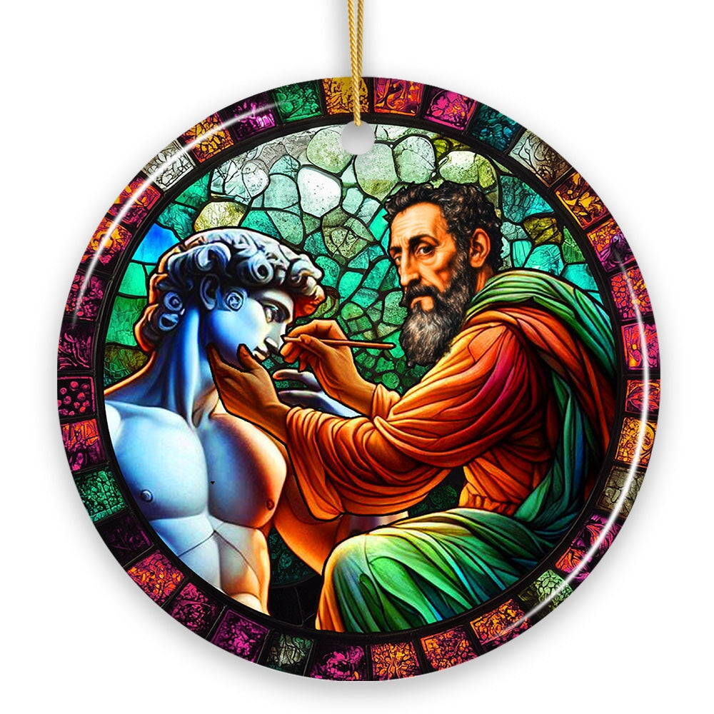 Michelangelo Sculpting David in Stained Glass Themed Christmas Ornament, Renaissance Italy Gift and Decor