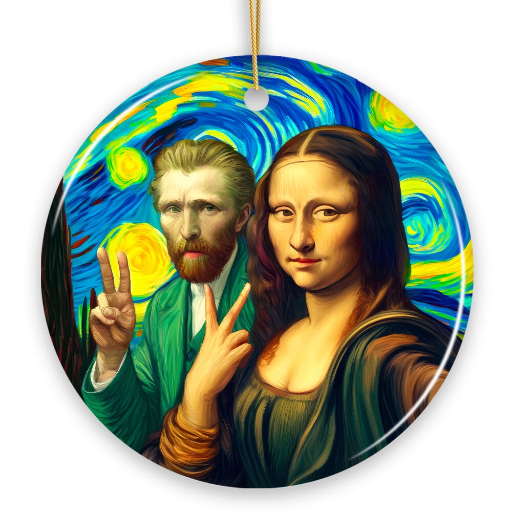 Mona Lisa And Vincent Van Gogh Starry Night Date Selfie Ceramic Ornament, Famous Art Decor And Souvenir