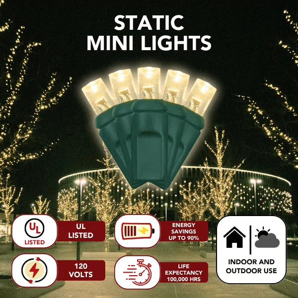 LED Mini Lights 5MM Warm White Static Green Wire 4" Spacing