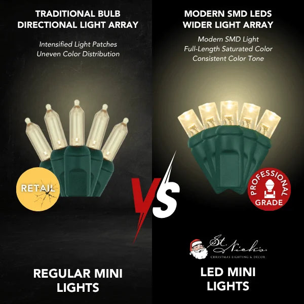 LED Mini Lights 5MM Warm White Static Green Wire - 6" Spacing, Lamp Lock
