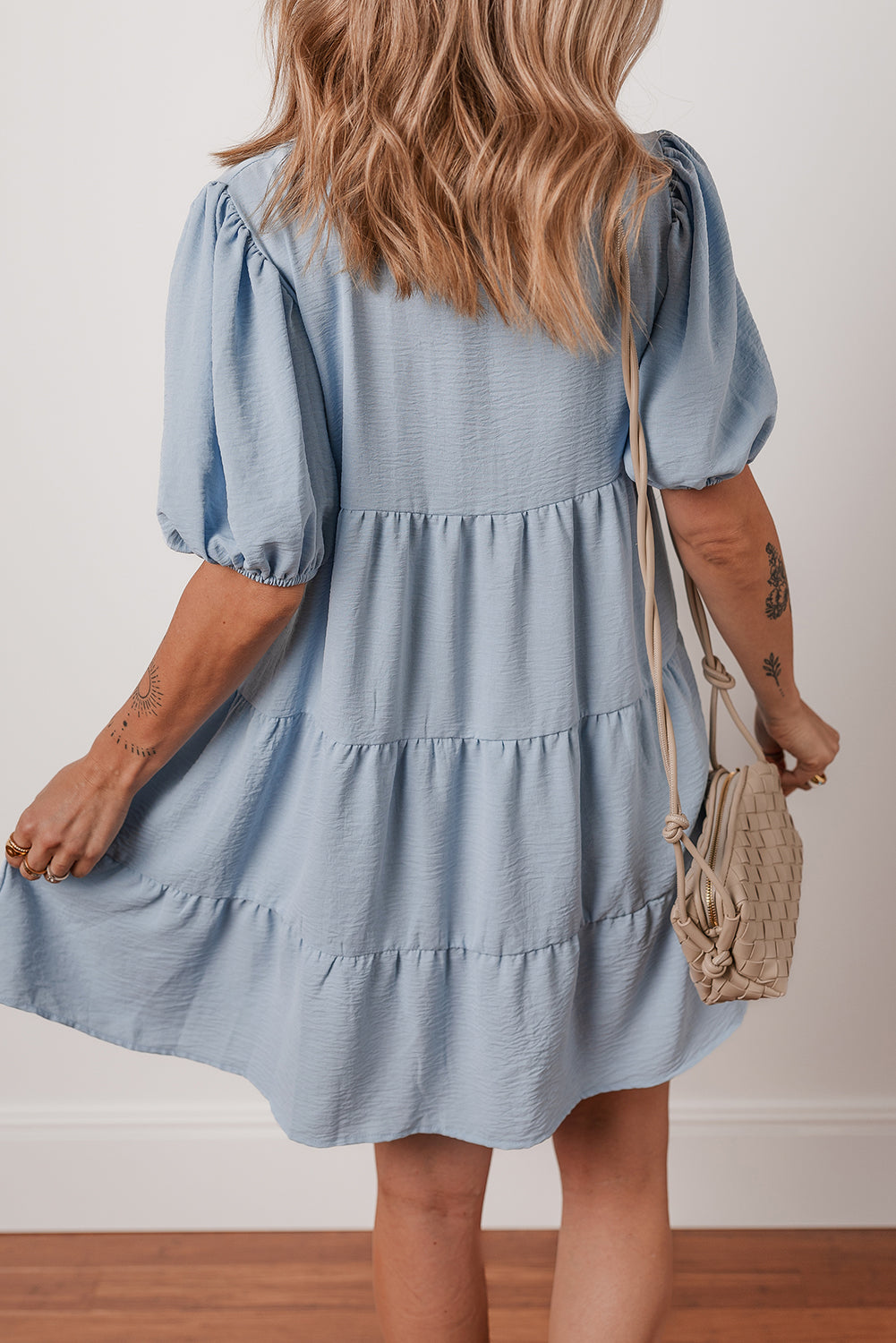 Arya Shirt Collar Button Up Puff Sleeve Tiered Dress