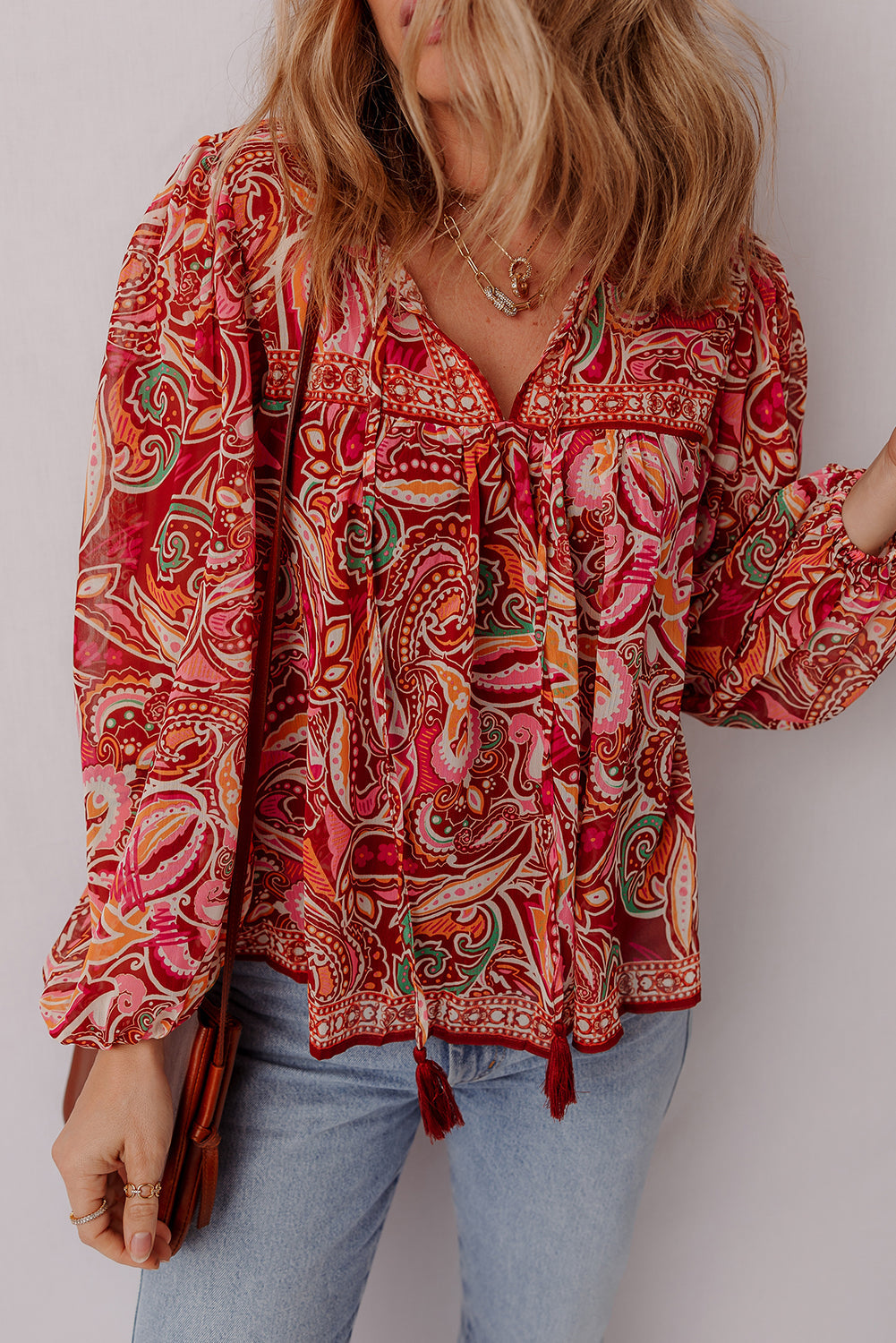 Quinn Paisley Tassel Tie Puff Sleeve Boho Blouse