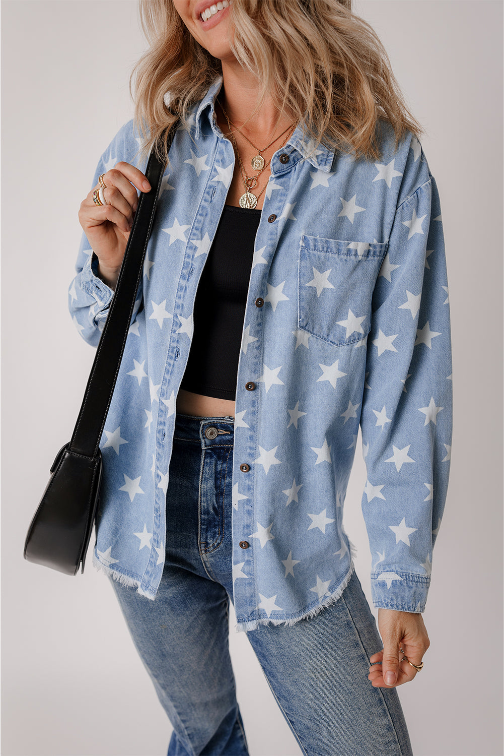 Star Light Wash Raw Hem Denim Jacket
