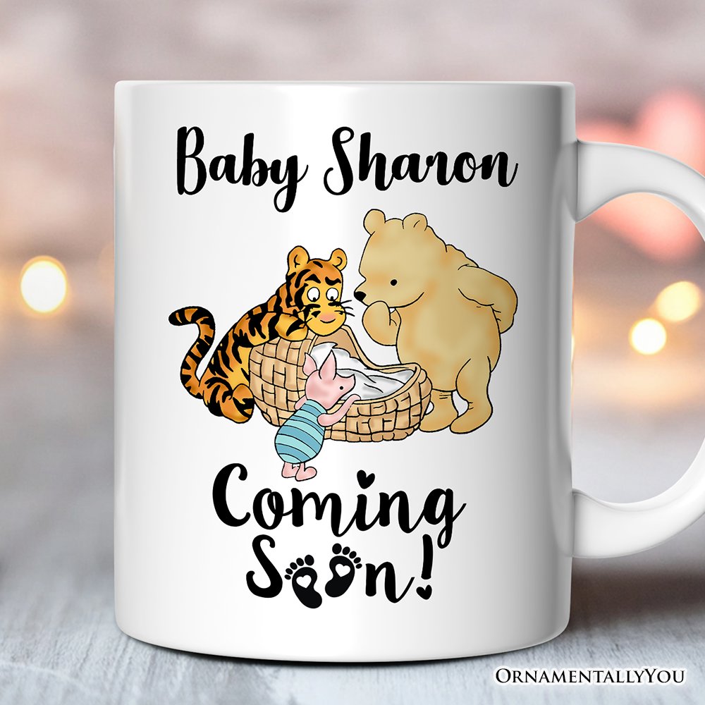 Pregnancy Announcement With Pooh & Tiger Personalized Mug, Coming Soon Gift for Expecting Moms with Custom Name