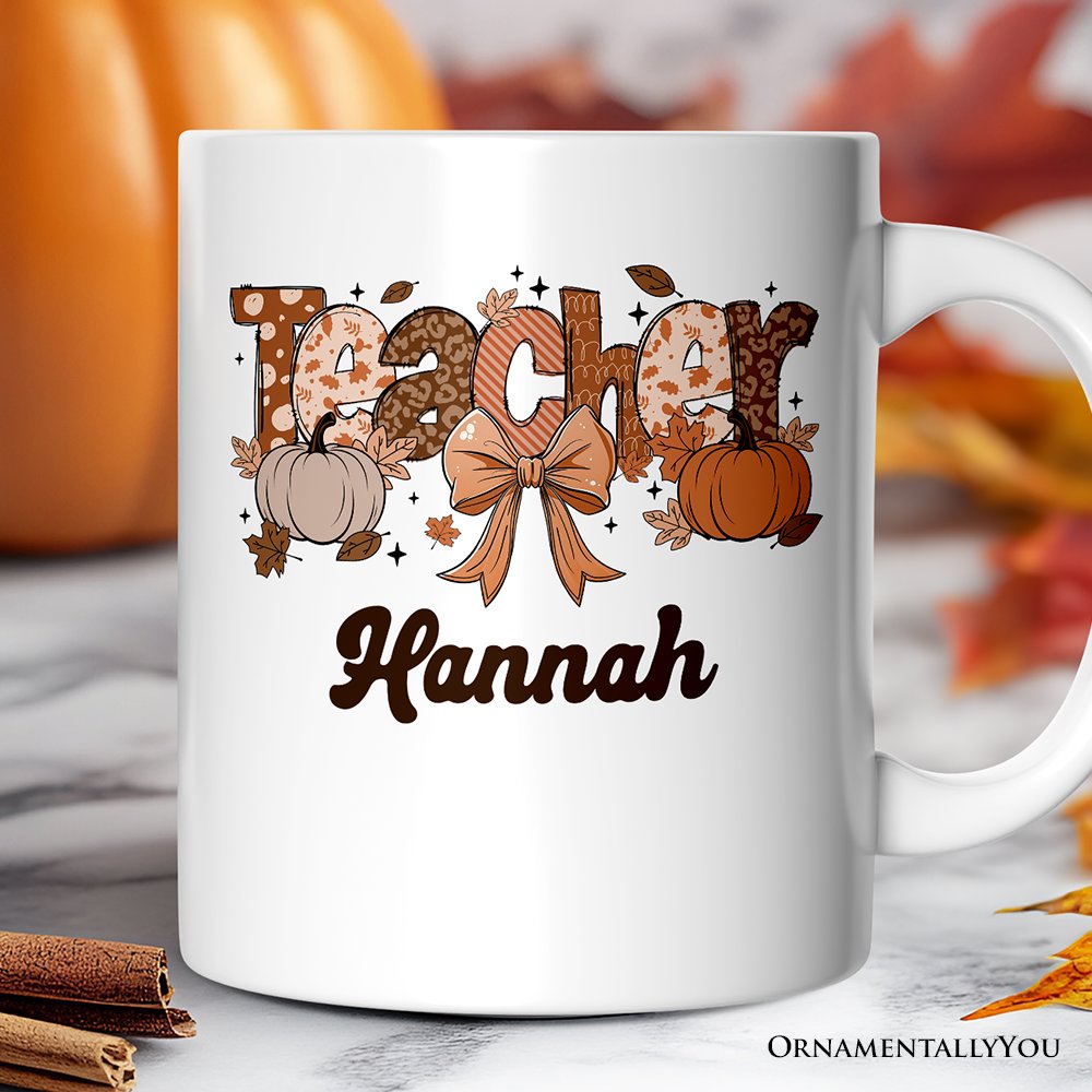 Teacher Coquette Autumn Personalized Mug, Cozy Fall Pumpkin Gift with Custom Name