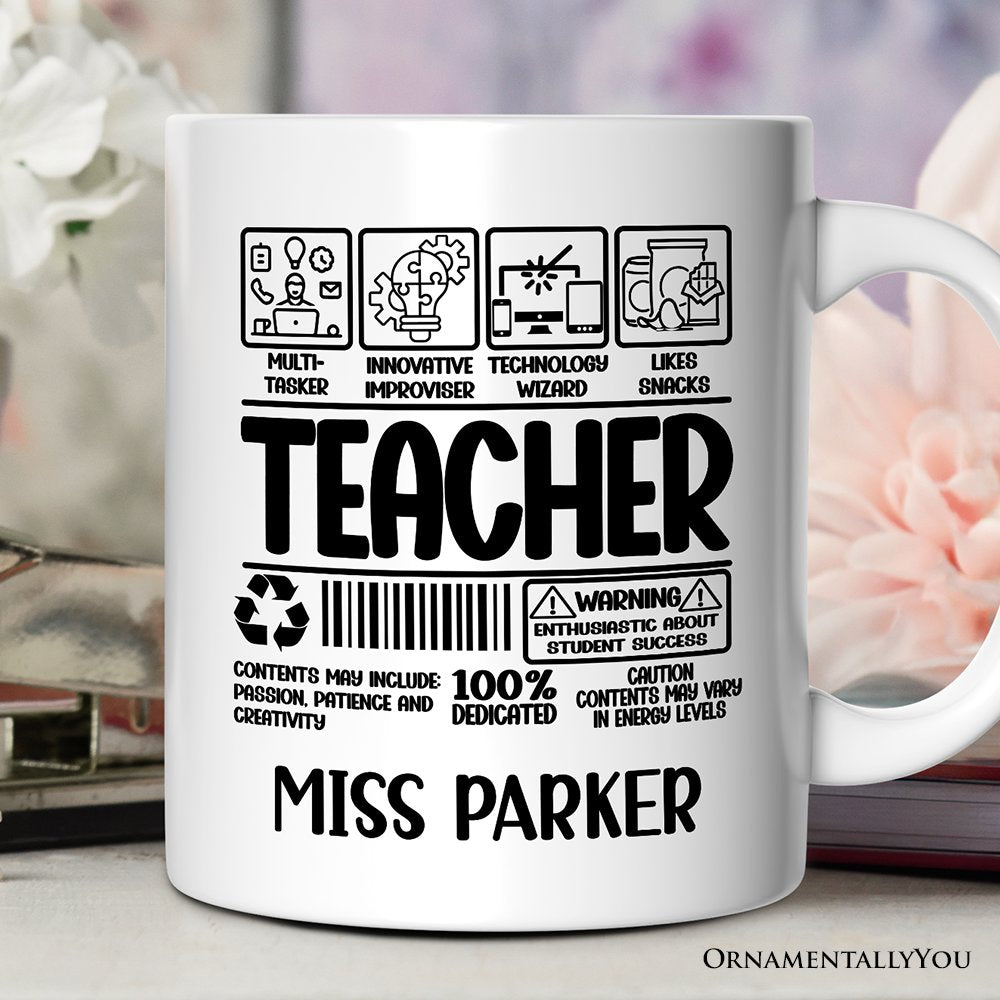 Teacher Label Personalized Mug, Funny Barcode for Dedicated Educators Gift with Custom Name