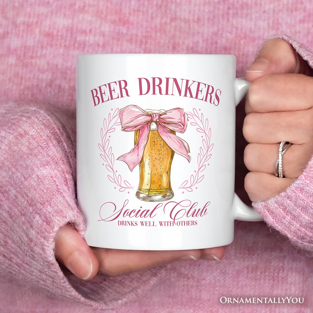 Beer Drinkers Social Club Personalized Mug, Coquette Pink Bow Gift with Custom Name for Girly Summer Bachelorette Vibes