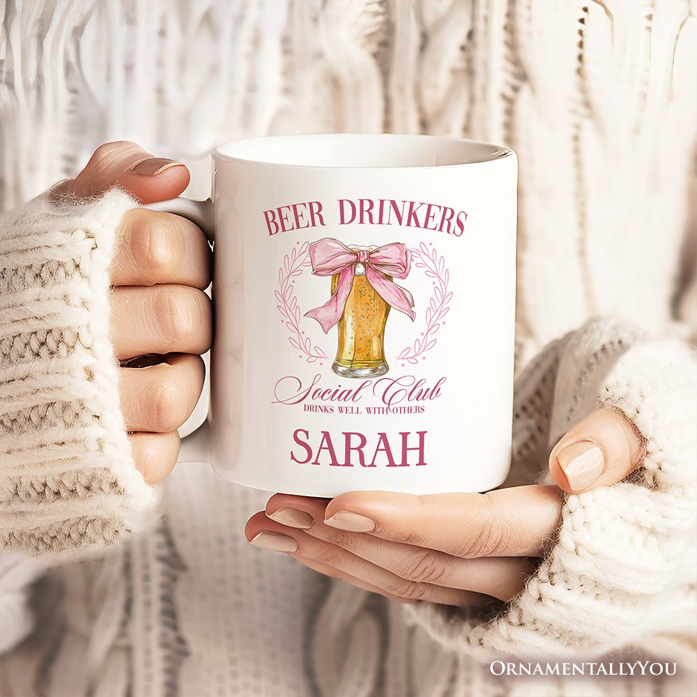 Beer Drinkers Social Club Personalized Mug, Coquette Pink Bow Gift with Custom Name for Girly Summer Bachelorette Vibes