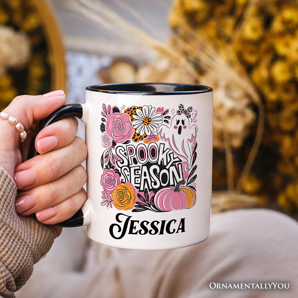 Boho Spooky Season Ghost Personalized Mug, Cute Halloween Gift with Custom Name with Fall Pumpkins