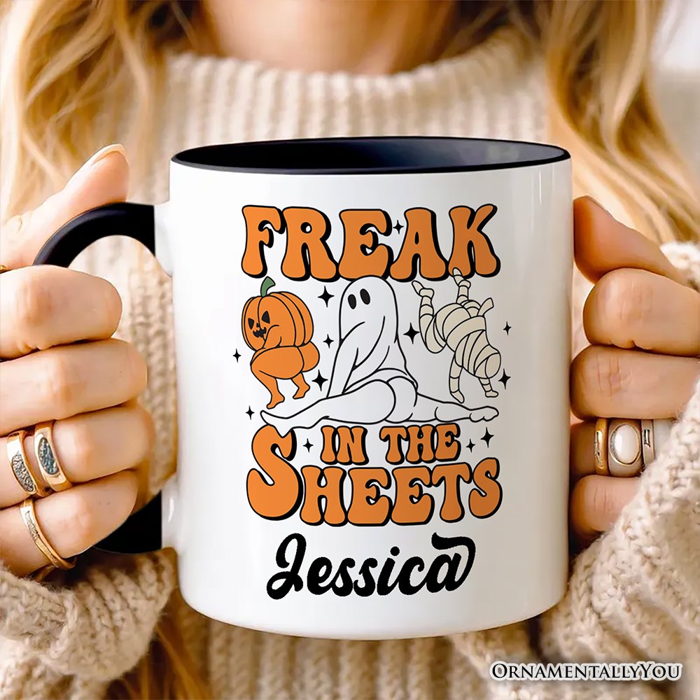 Freak in the Sheets Ghost Personalized Mug, Naughty Halloween Gift with Custom Name