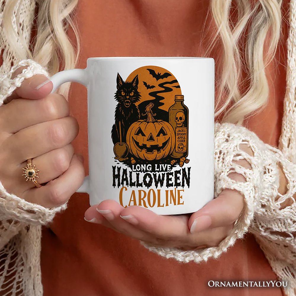 Long Live Halloween Personalized Mug, Retro Black Cat Pumpkin Gift with Custom Name