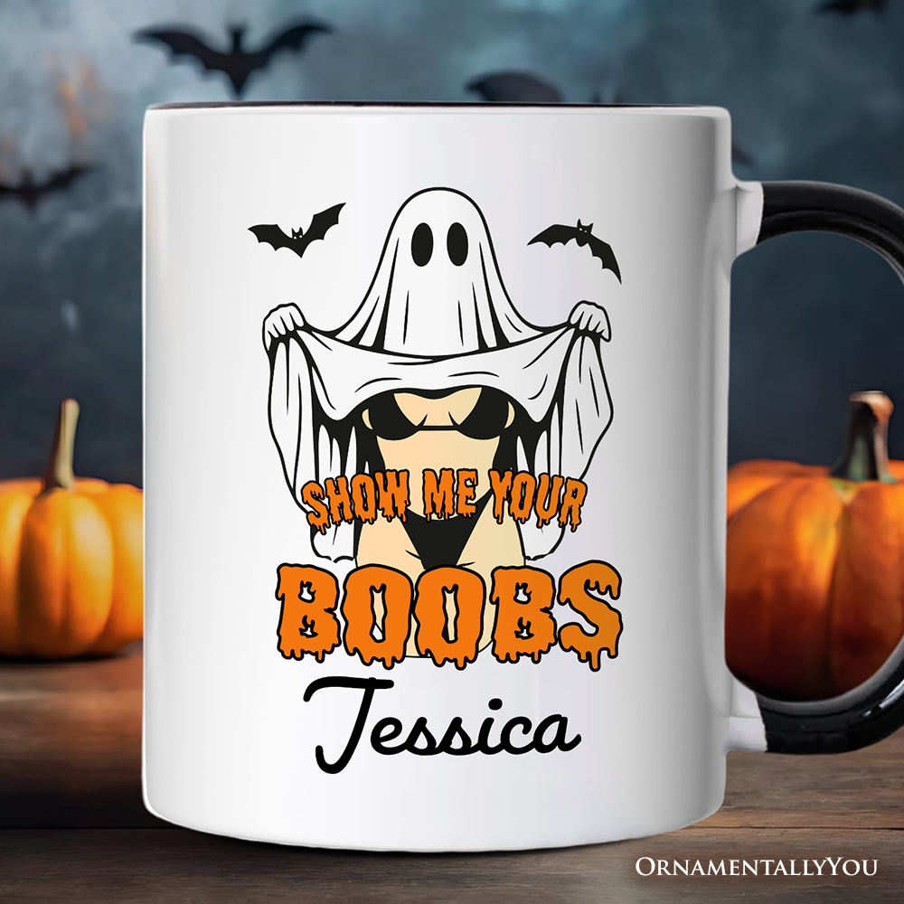 Show Me Your Boobs Halloween Personalized Mug, Funny Naughty Pun Ghost Gift with Custom Name