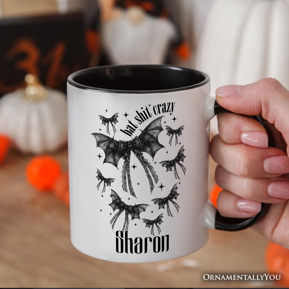 Bat Shit Crazy Coquette Bats Personalized Mug, Funny Halloween Gift with Custom Name