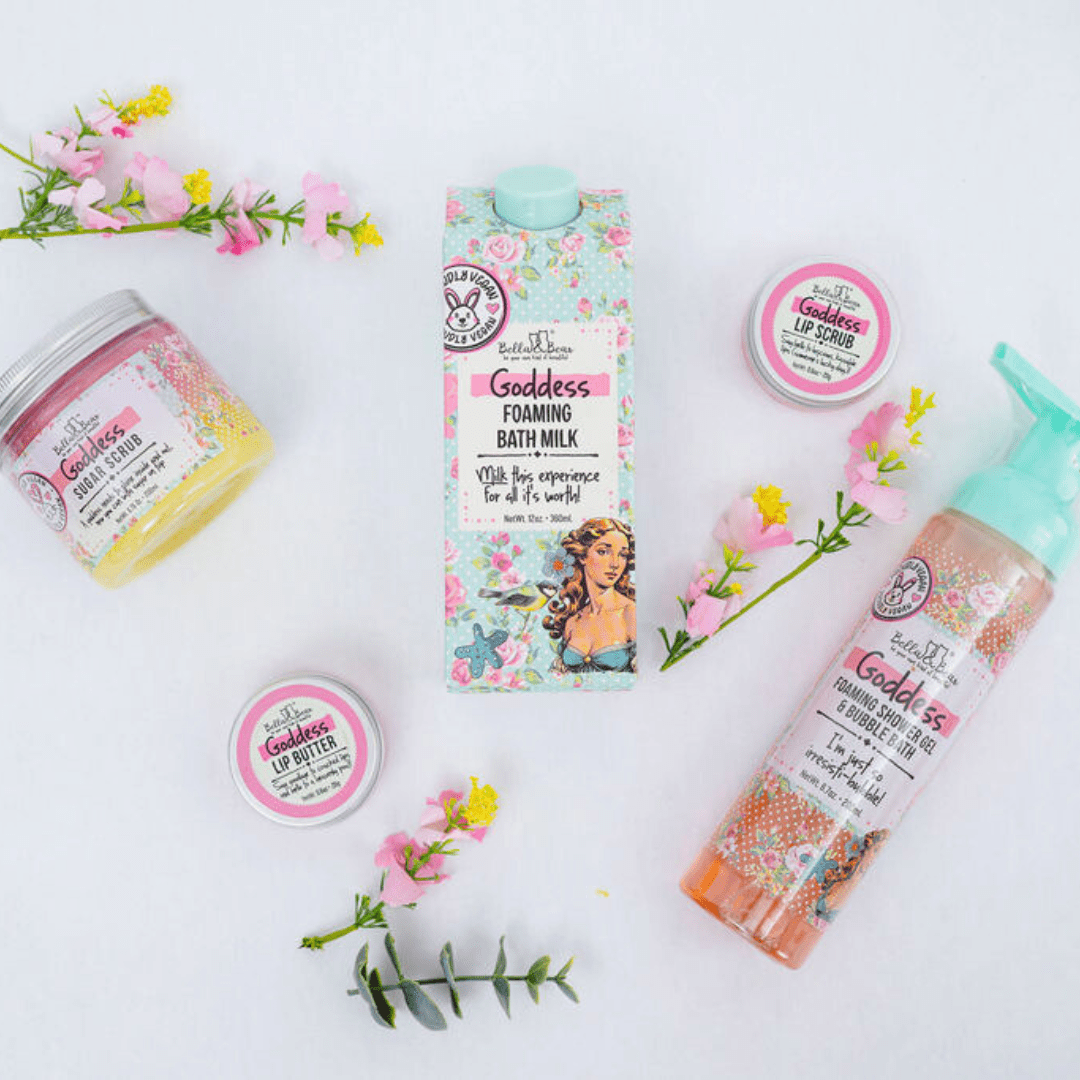 Bella & Bear Goddess Gift Set with 2 in 1 Foaming Shower Gel & Bubble Bath, Foaming Bath Milk, Body Scrub & Lip Care Set – Tropical Scent