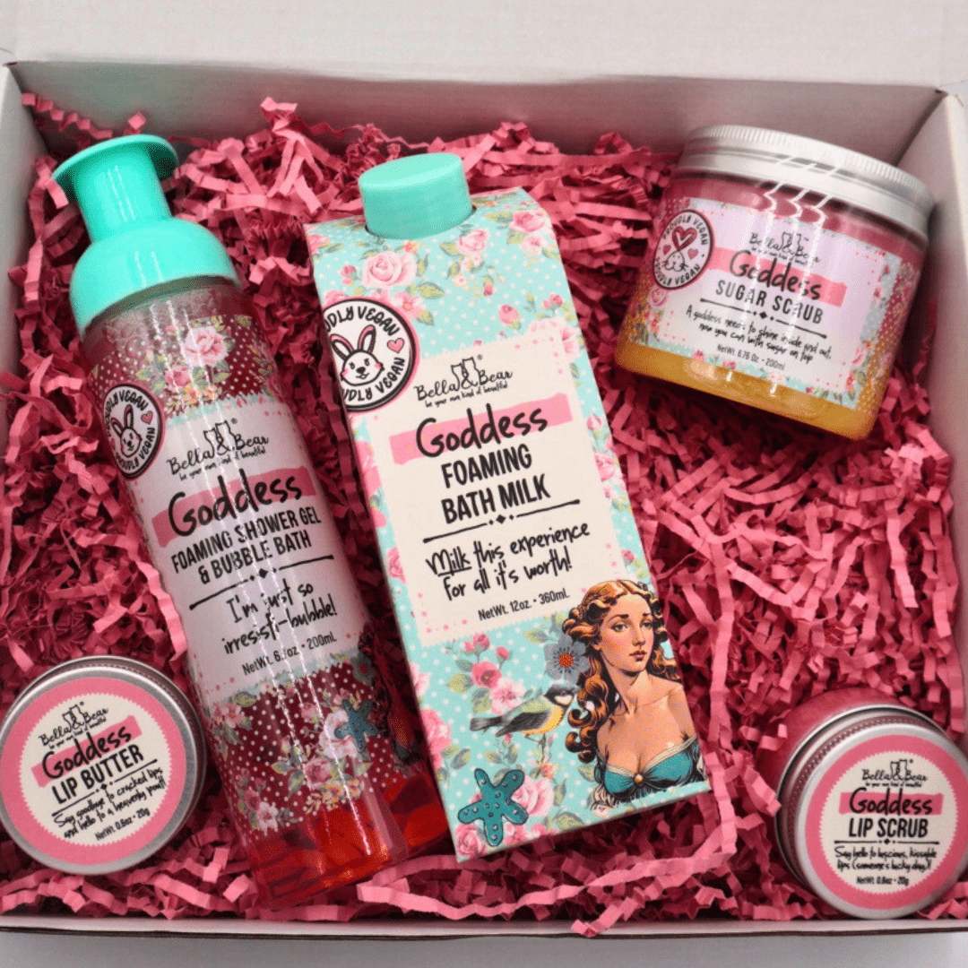 Bella & Bear Goddess Gift Set with 2 in 1 Foaming Shower Gel & Bubble Bath, Foaming Bath Milk, Body Scrub & Lip Care Set – Tropical Scent