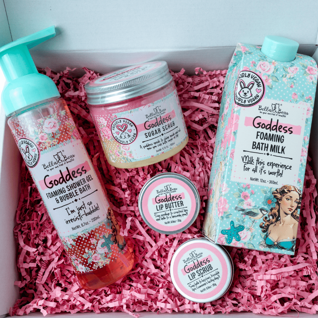 Bella & Bear Goddess Gift Set with 2 in 1 Foaming Shower Gel & Bubble Bath, Foaming Bath Milk, Body Scrub & Lip Care Set – Tropical Scent