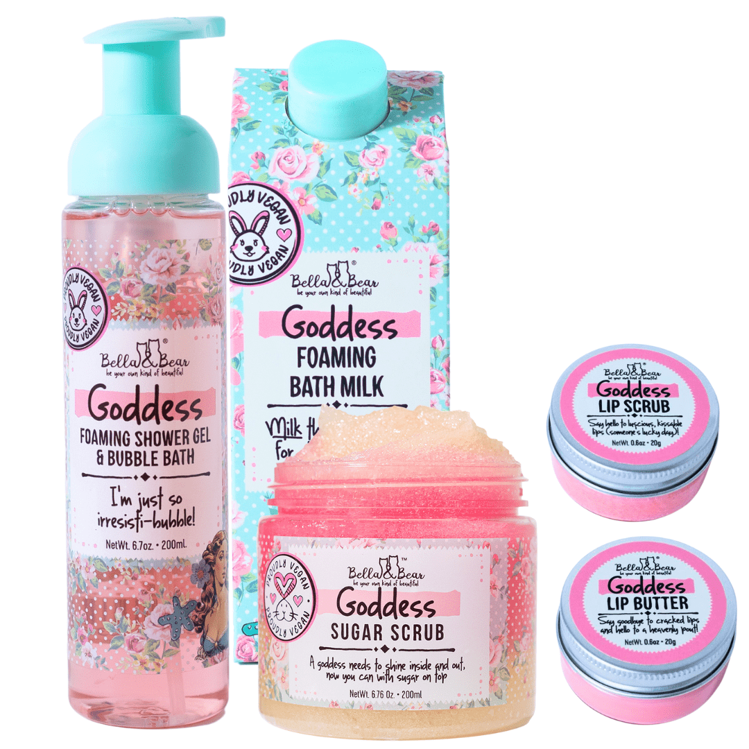 Bella & Bear Goddess Gift Set with 2 in 1 Foaming Shower Gel & Bubble Bath, Foaming Bath Milk, Body Scrub & Lip Care Set – Tropical Scent