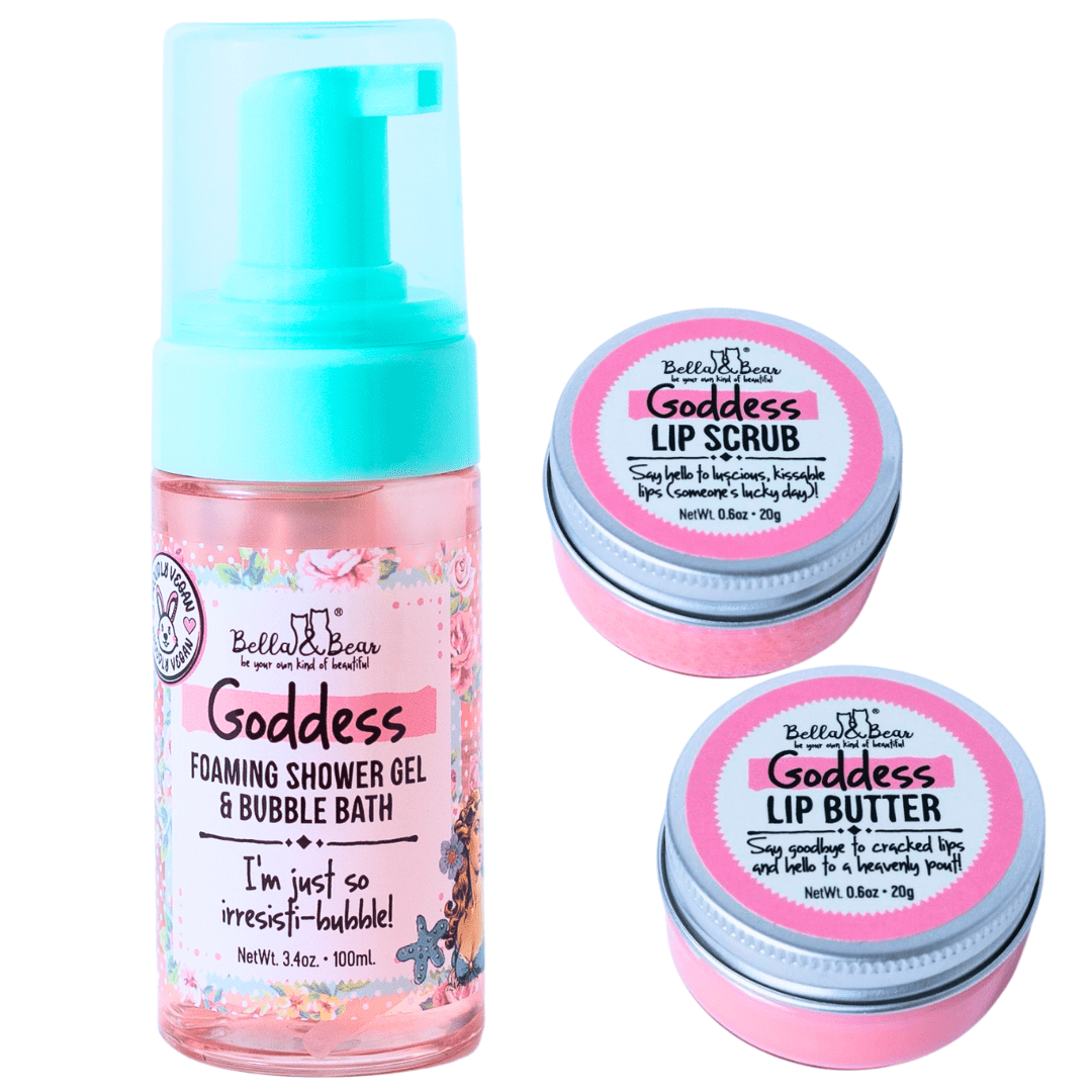 Bella & Bear Goddess Tropical Scented 2 in 1 Foaming Shower Gel & Bubble Bath & Lip Care Mini Gift Set