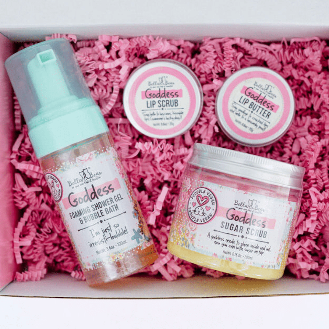 Bella & Bear Goddess Tropical Scented 2 in 1 Foaming Shower Gel & Bubble Bath, Lip Care Set, & Moisturizing Exfoliating Body Scrub Gift Set