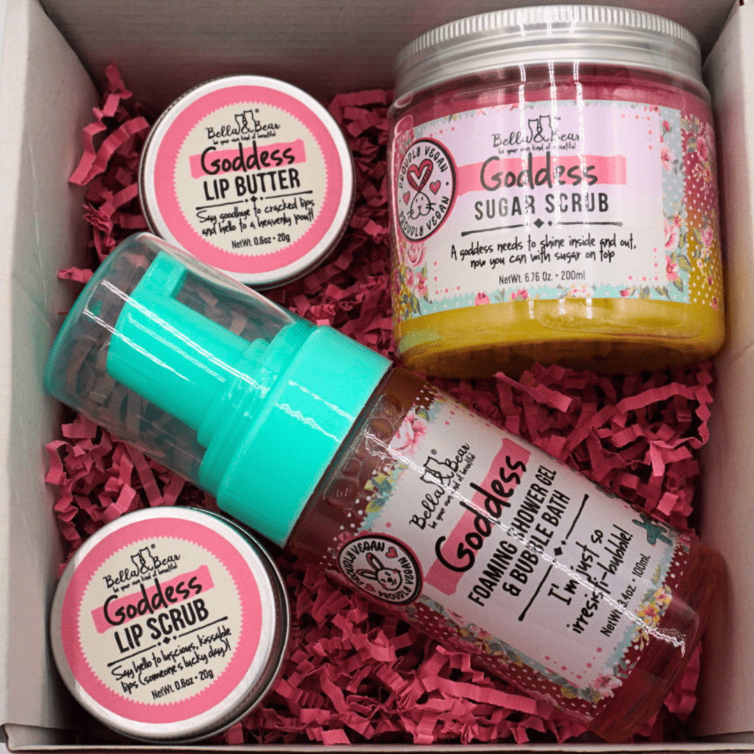 Bella & Bear Goddess Tropical Scented 2 in 1 Foaming Shower Gel & Bubble Bath, Lip Care Set, & Moisturizing Exfoliating Body Scrub Gift Set