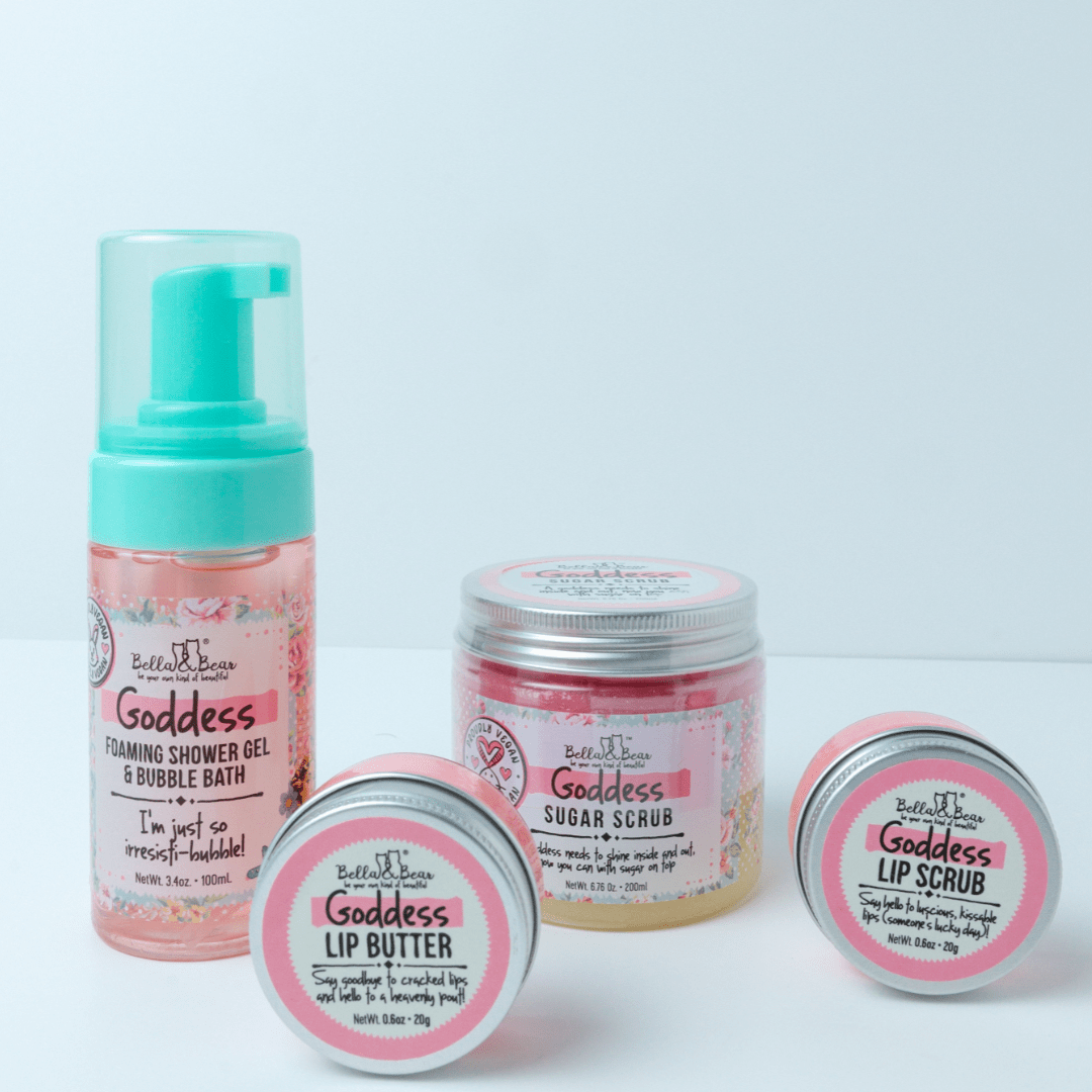 Bella & Bear Goddess Tropical Scented 2 in 1 Foaming Shower Gel & Bubble Bath, Lip Care Set, & Moisturizing Exfoliating Body Scrub Gift Set