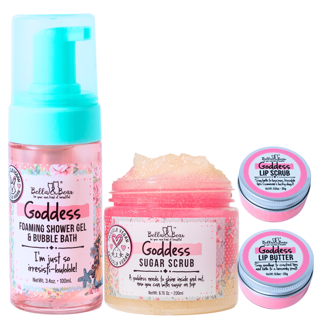 Bella & Bear Goddess Tropical Scented 2 in 1 Foaming Shower Gel & Bubble Bath, Lip Care Set, & Moisturizing Exfoliating Body Scrub Gift Set