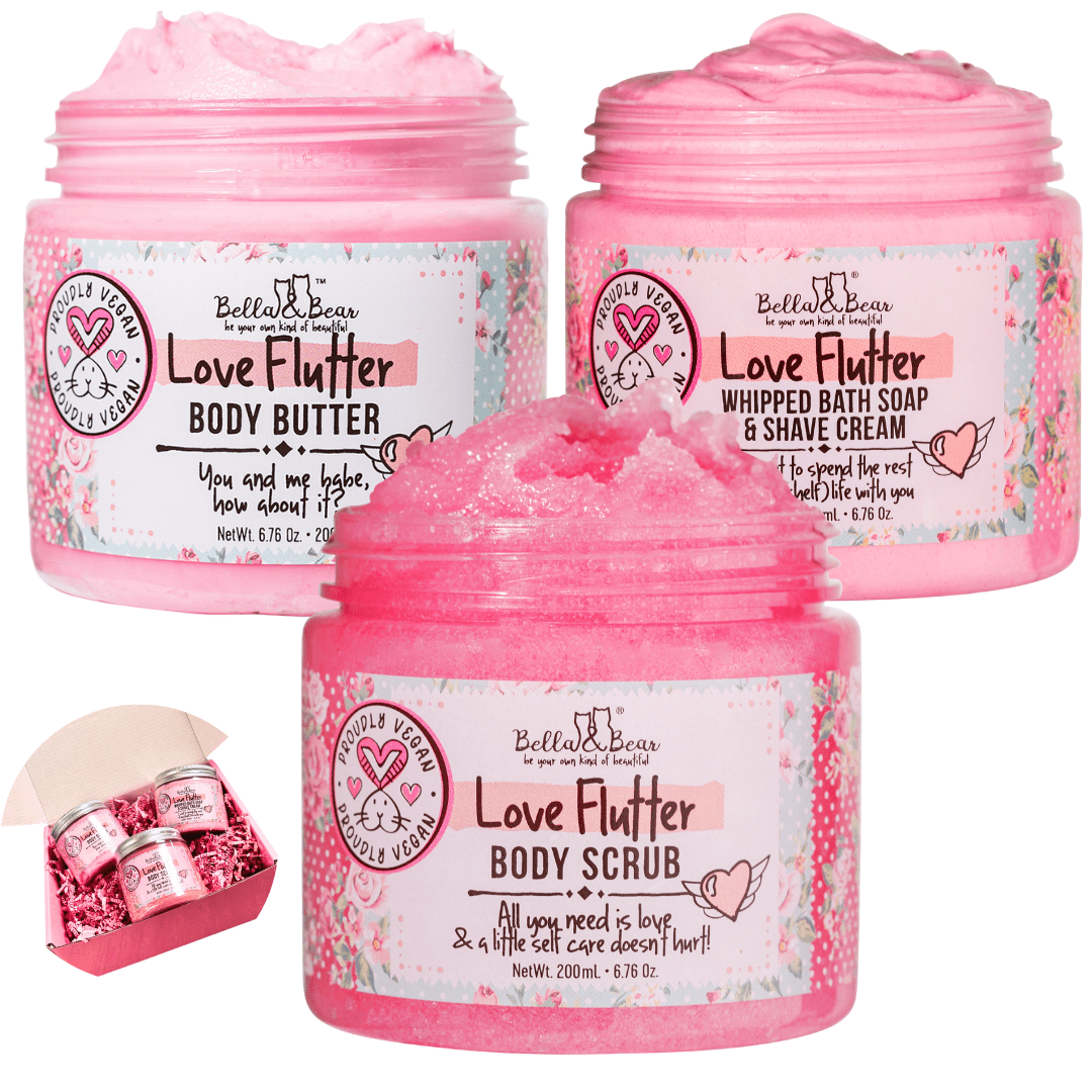 Bella & Bear Love Flutter Gift Set | Body Scrub | Bath Soap | Body Butter - Valentines Gift Set