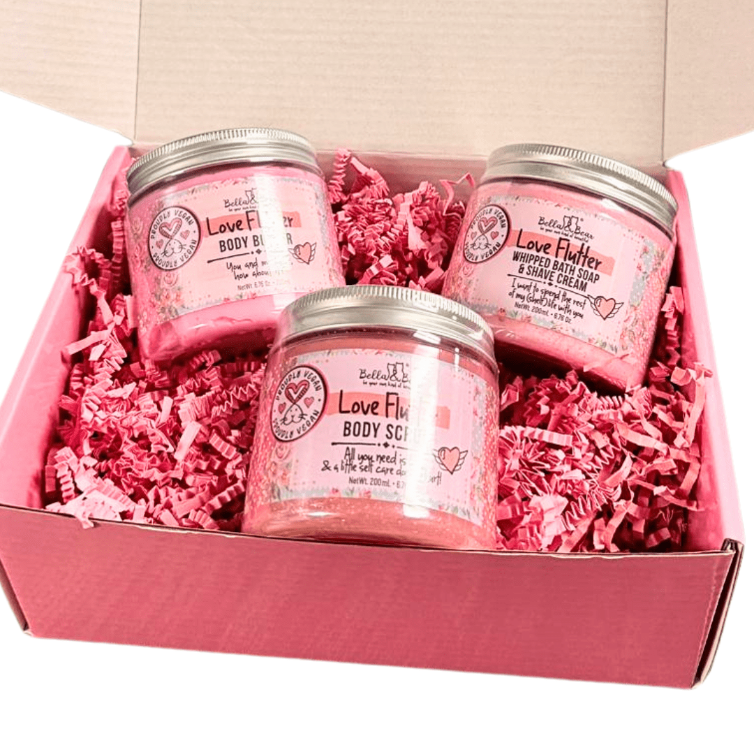 Bella & Bear Love Flutter Gift Set | Body Scrub | Bath Soap | Body Butter - Valentines Gift Set