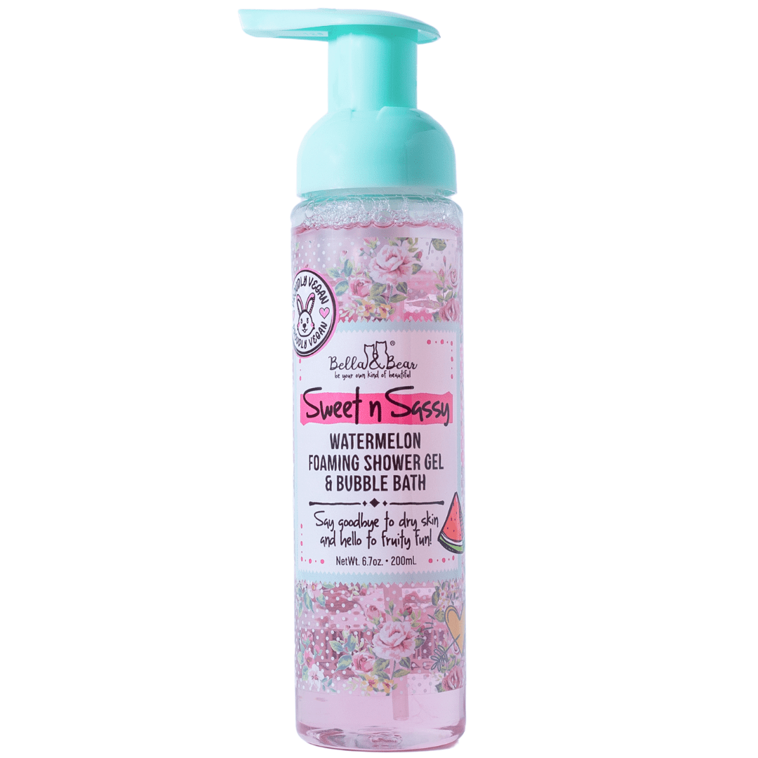 Bella and Bear Sweet n' Sassy Watermelon Gift Set with Foaming Shower Gel & Bubble Bath, Foaming Bath Milk, Body Scrub, Lip Butter & Lip Scrub