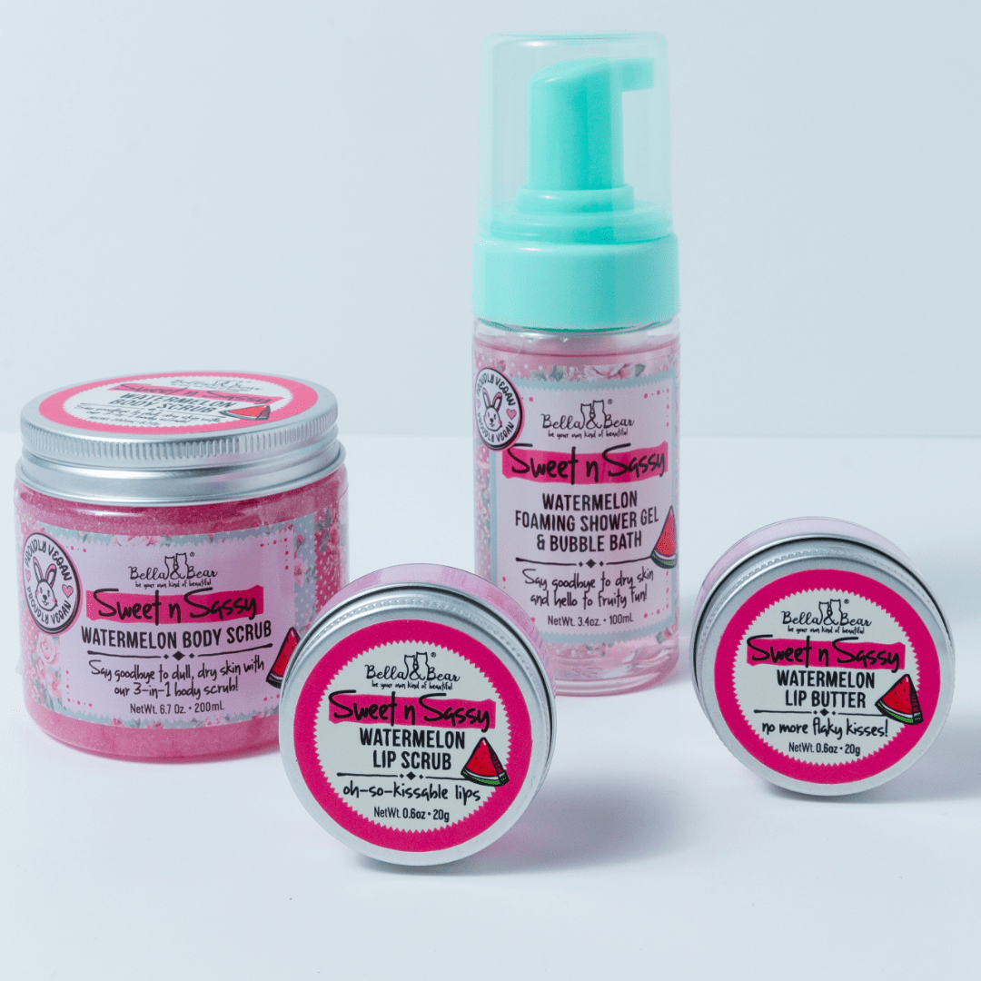 Bella & Bear Sweet 'n' Sassy Watermelon Gift Set Foaming Body Wash & Bubble Bath, Body Scrub, Lip Butter & Lip Scrub