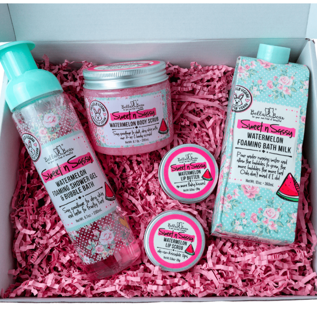Bella and Bear Sweet n' Sassy Watermelon Gift Set with Foaming Shower Gel & Bubble Bath, Foaming Bath Milk, Body Scrub, Lip Butter & Lip Scrub