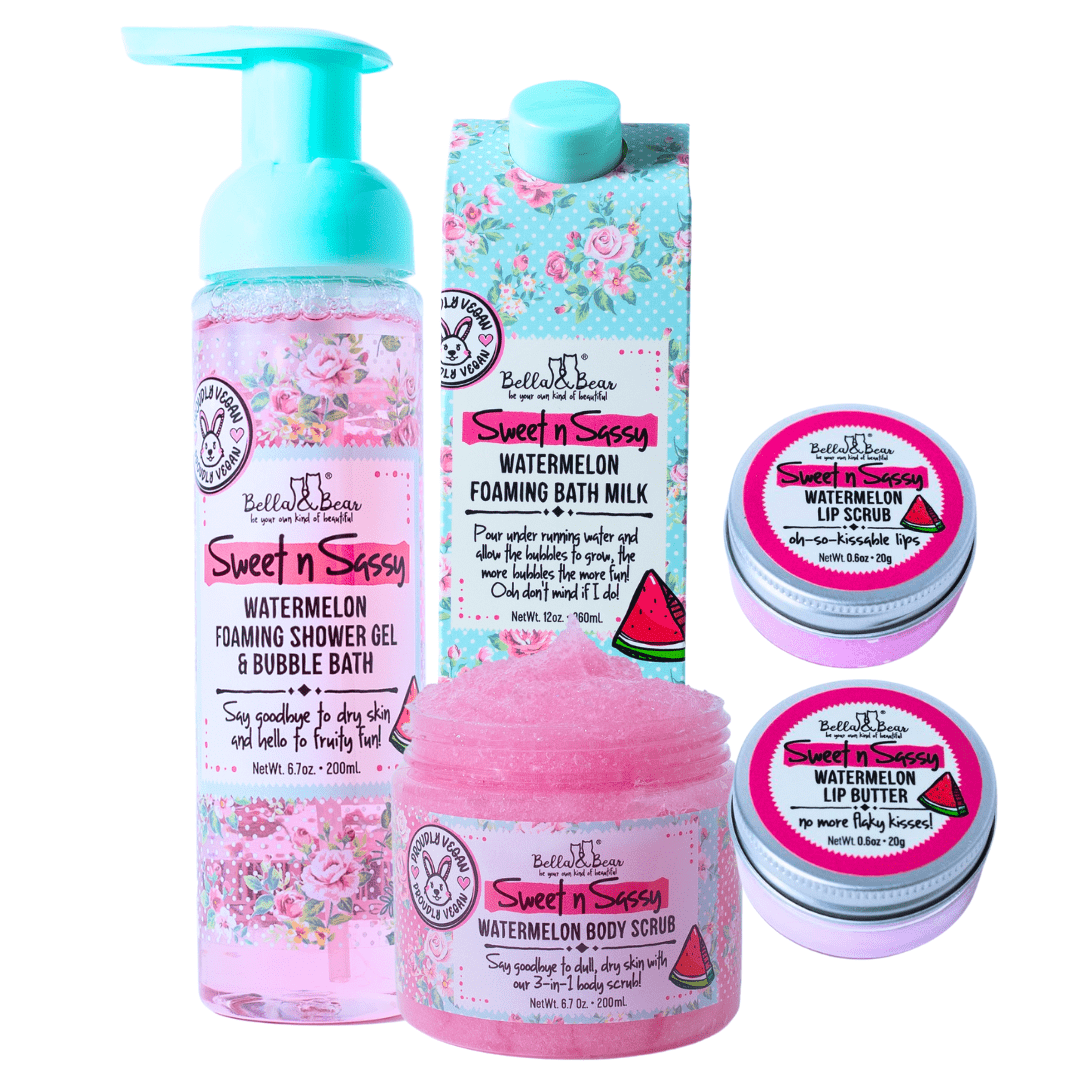Bella and Bear Sweet n' Sassy Watermelon Gift Set with Foaming Shower Gel & Bubble Bath, Foaming Bath Milk, Body Scrub, Lip Butter & Lip Scrub