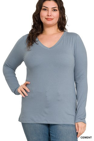Cement Plus Size Brushed Microfiber Tee | Buttery Soft Long Sleeve V-Neck Top | Zenana