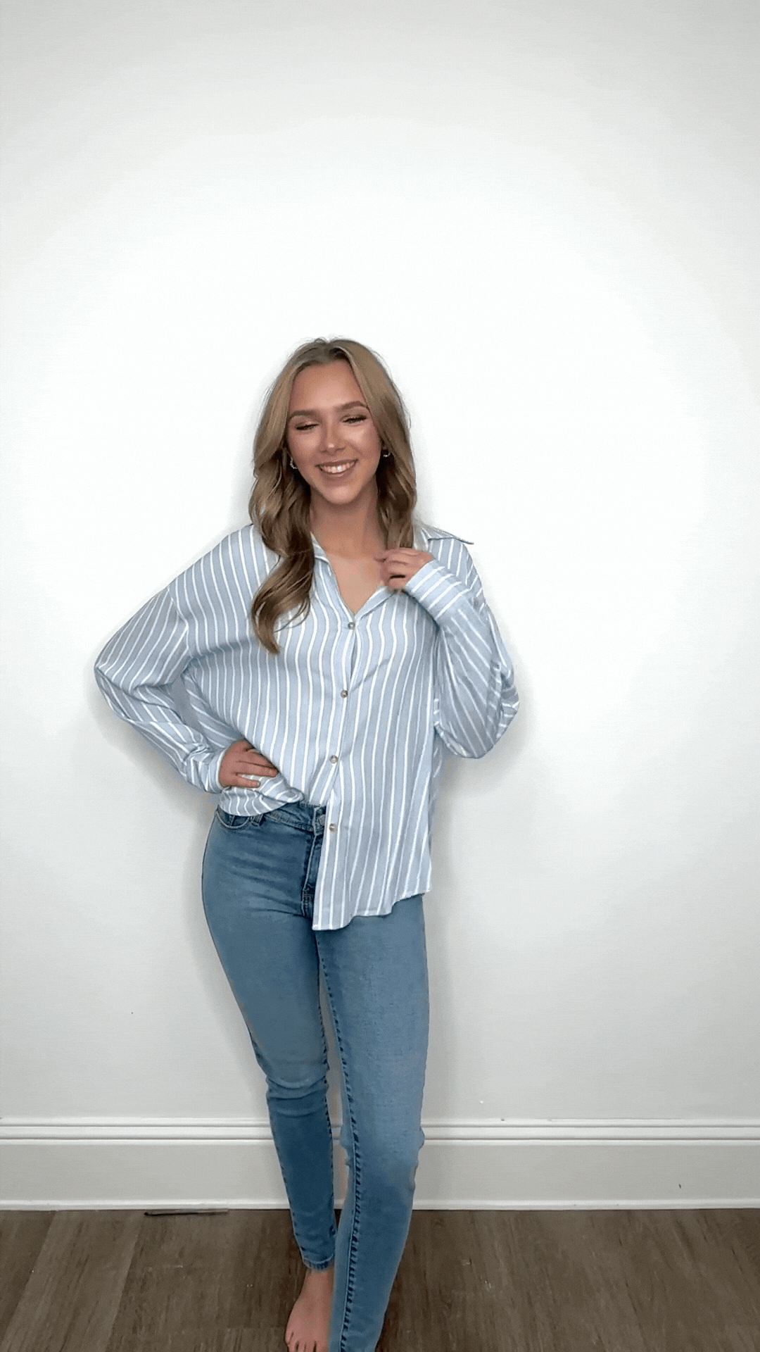 Kathryn Classic Button-Up Shirt, Blue Stripes | Grace+Emma