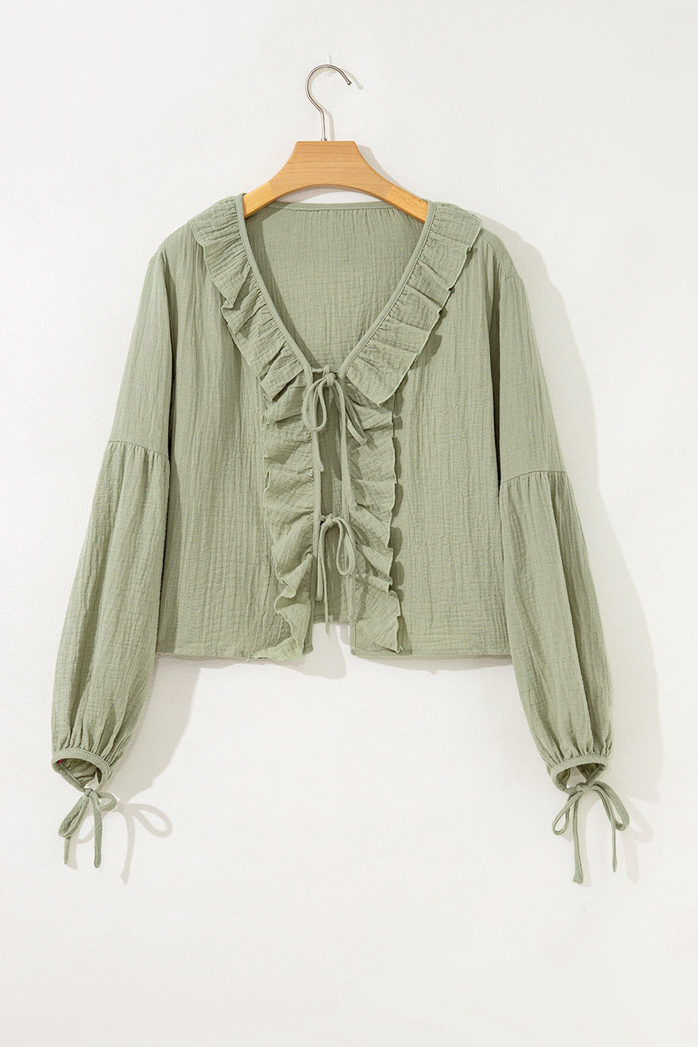 Natalia Bow Tie Front Ruffle Trim Long Sleeve Gauze Blouse