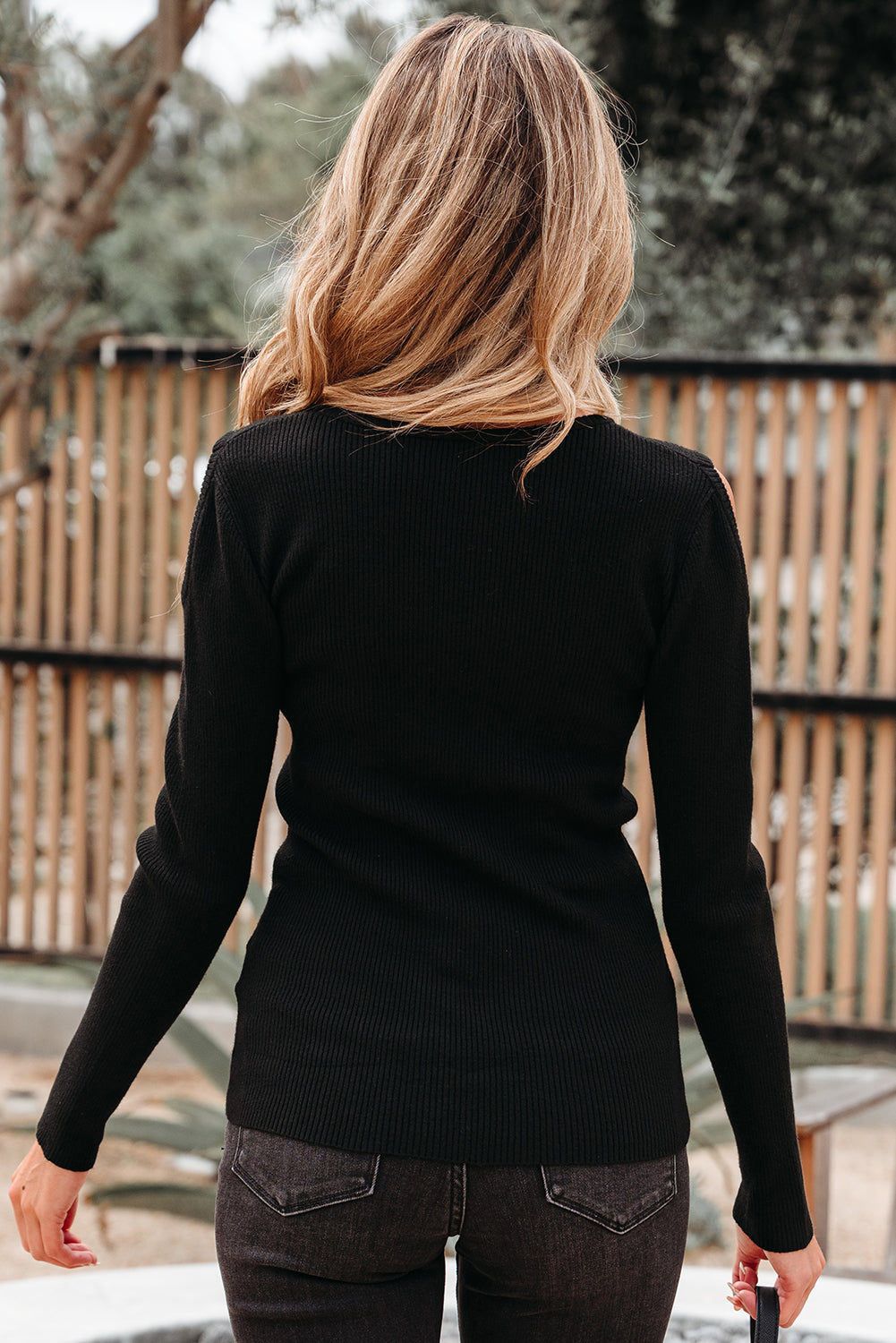 Amaya Ribbed Knit Cold Shoulder Sweater