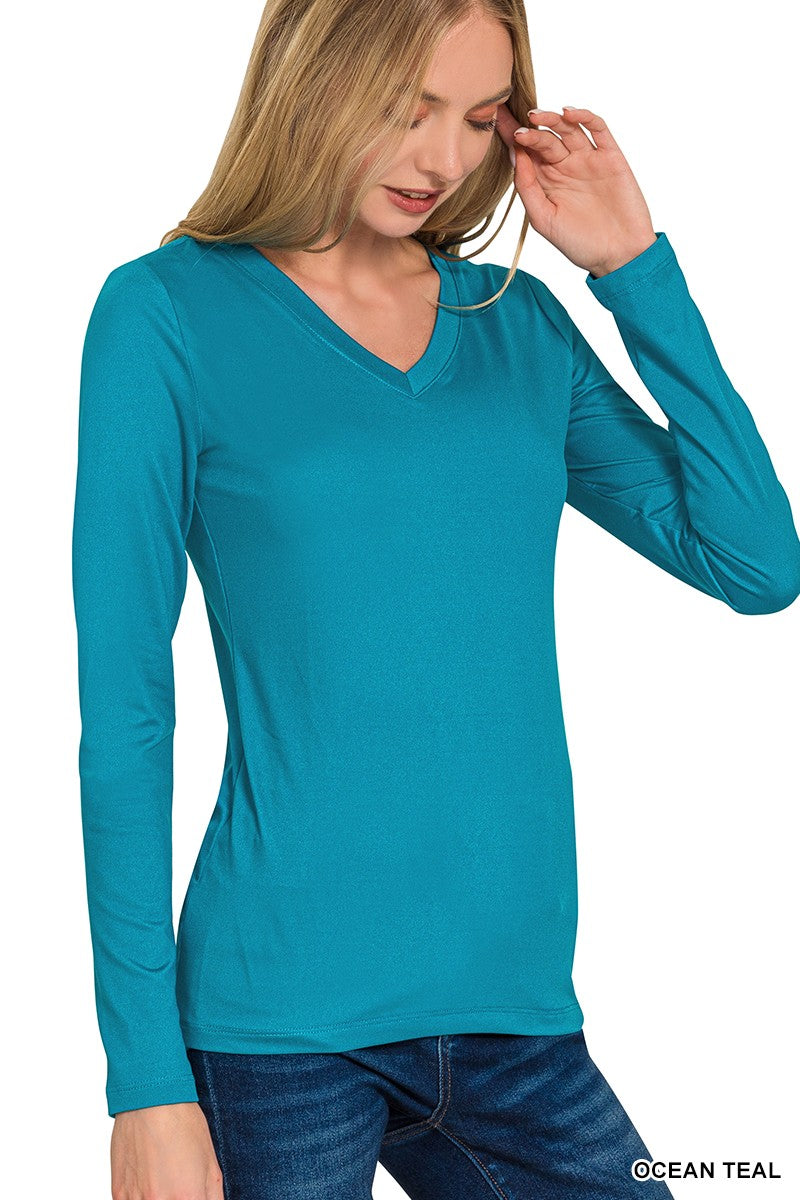 Brushed Microfiber V-Neck Tee | Buttery Soft Long Sleeve Top | Zenana