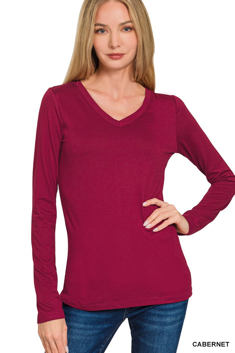 Brushed Microfiber V-Neck Tee | Buttery Soft Long Sleeve Top | Zenana