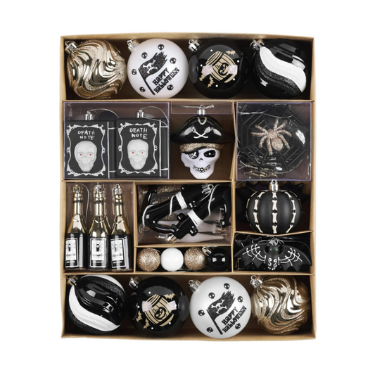Halloween Christmas Tree Ornaments Set, 70-Piece Black & White Gothic Ornaments