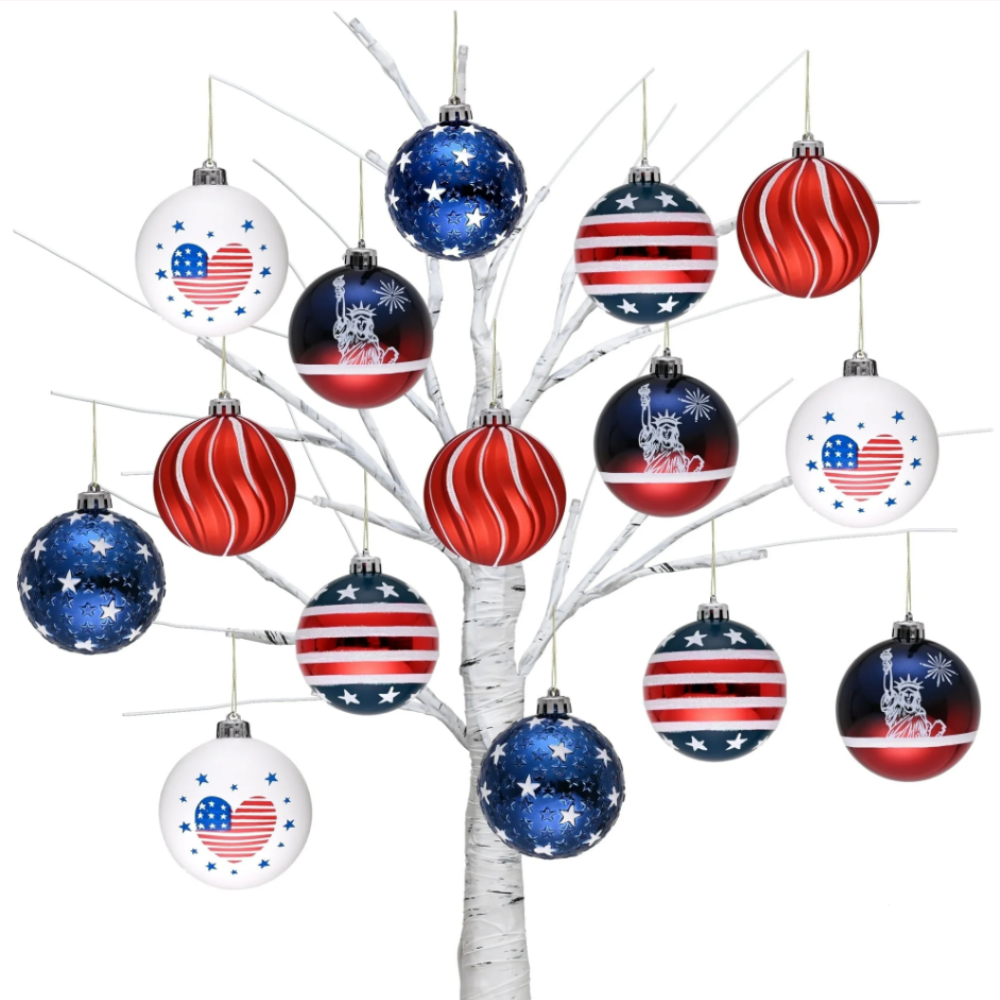 Independence Day Bauble Ornaments, 16 Piece Patriotic Tree Decor