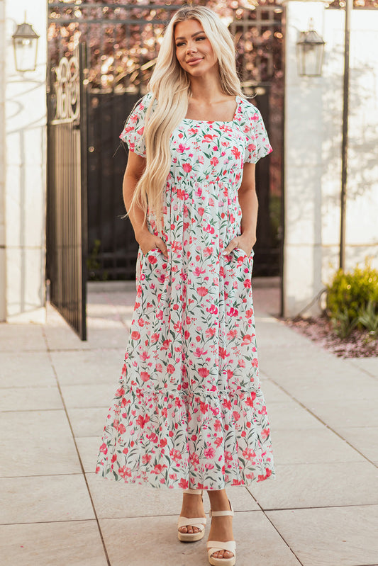 Molly Floral Square Neck Empire Waist Tiered Maxi Dress