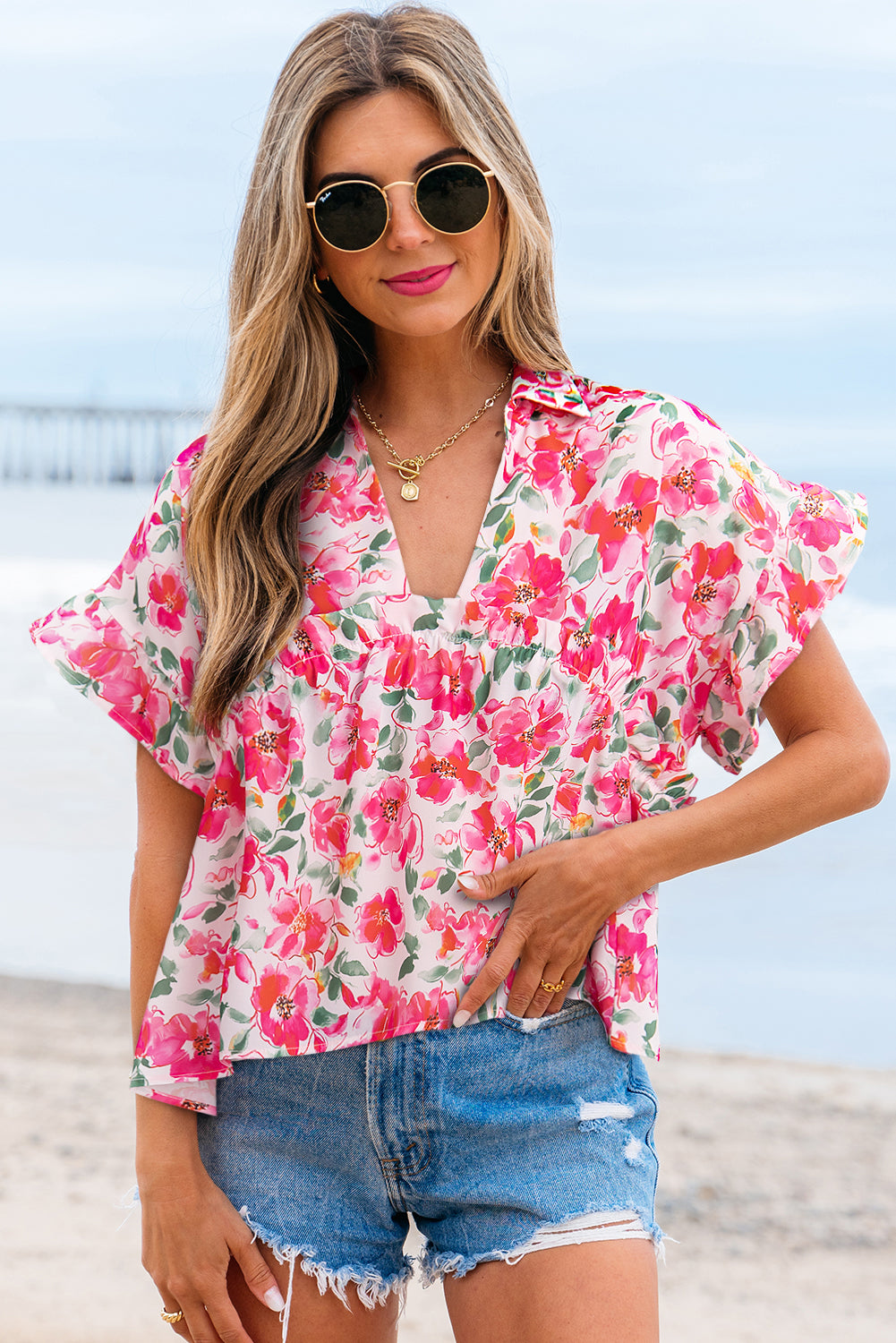 Zoya Floral Ruffled Short Sleeve Blouse