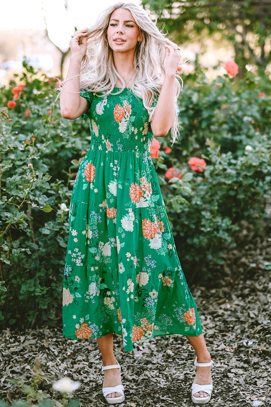 Kailany Floral Bubble Sleeve Smocked Tiered Midi Dress