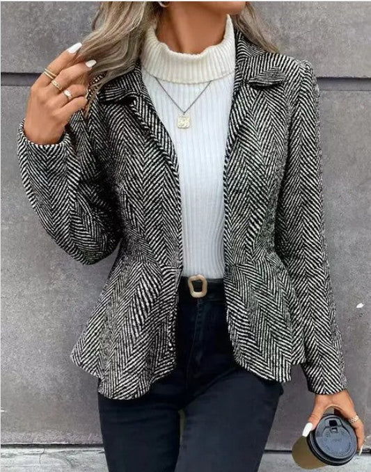 Houndstooth Patterned Blazer with Belted Waist