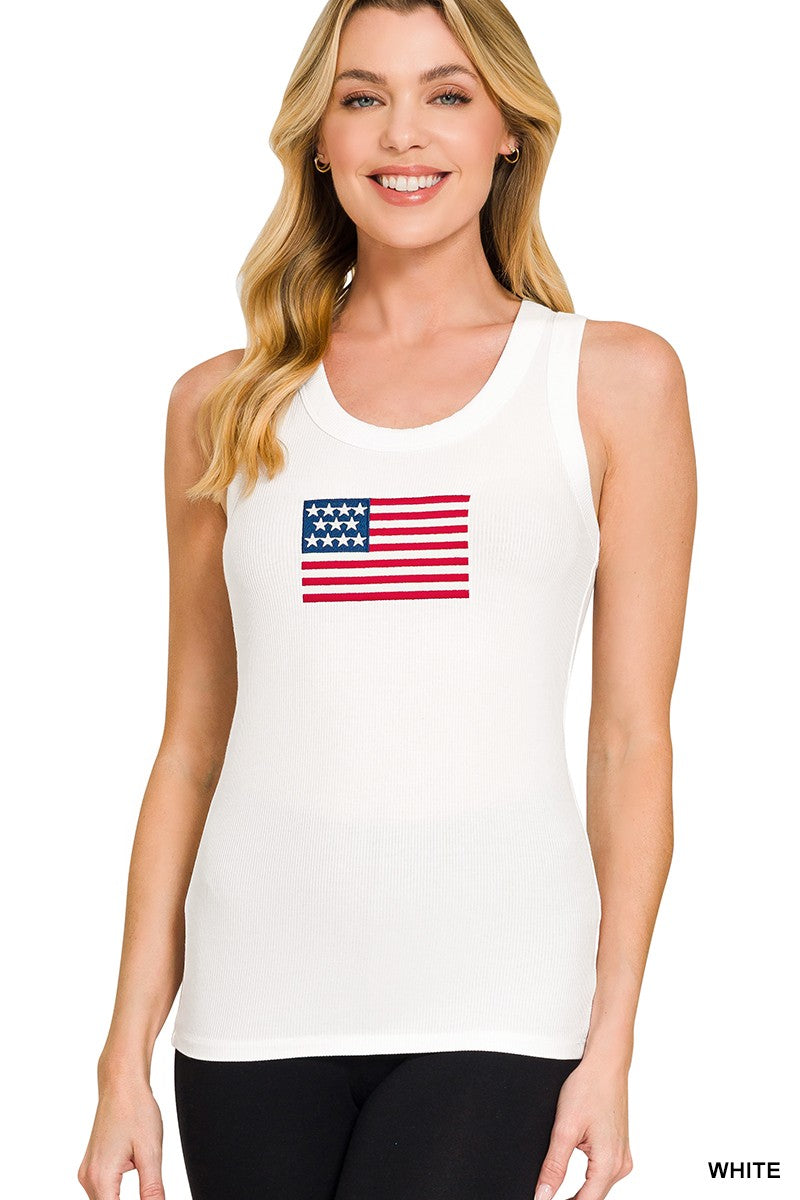 Ribbed American Flag Patch Tank Top | Scoop Neck Sleeveless Top | Zenana