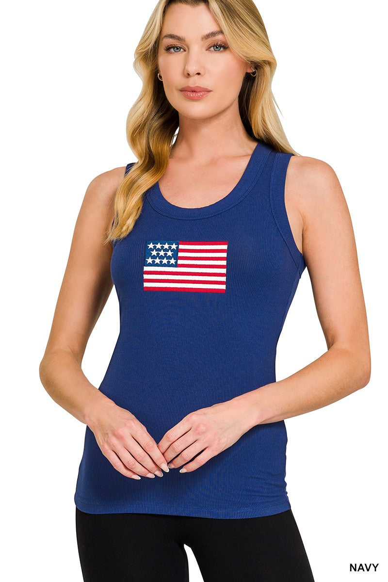 Ribbed American Flag Patch Tank Top | Scoop Neck Sleeveless Top | Zenana