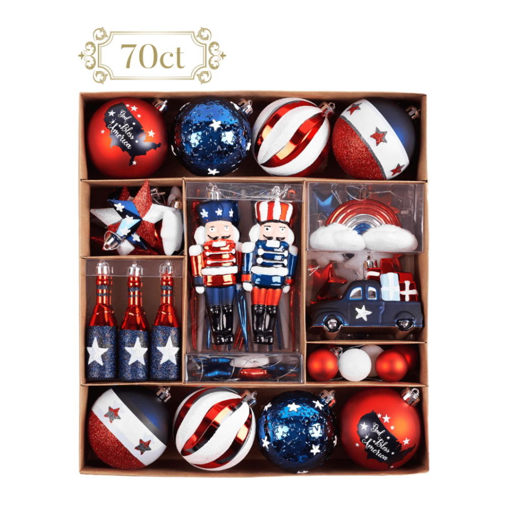 USA Flag Inspired Patriotic Ornament Set, 70pc Red White Blue Baubles
